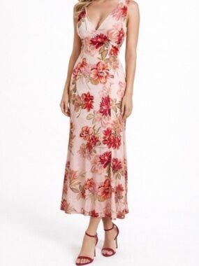 Floral V-Neck Maxi Dress in Blush and Red Floral